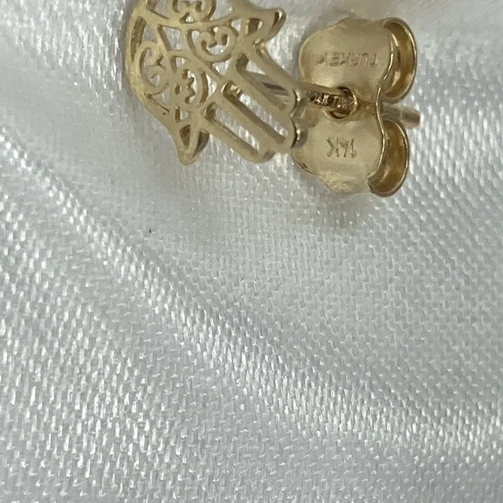 14k Yellow Gold Hand of Hamsa Earrings - Picture 3 of 4